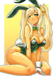 1girl animal_ears bare_shoulders blonde_hair blush border breasts cleavage commission fake_animal_ears fake_tail feet_out_of_frame food fruit green_eyes green_leotard highres large_breasts lemon leotard long_hair monster_girl original pink_lips playboy_bunny rabbit_ears rabbit_tail simple_background slime_girl slime_hair solo strapless strapless_leotard superfann tail twintails white_border yellow_background