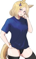 1girl alternate_costume animal_ears black_buruma black_thighhighs blonde_hair blue_shirt blush breasts buruma chestnut_mouth commentary_request cowboy_shot ear_ornament grey_background hand_on_own_hip highres horse_ears horse_girl horse_tail looking_at_viewer medium_breasts medium_hair miya_nns35 narita_top_road_(umamusume) purple_eyes shirt short_sleeves simple_background solo tail thighhighs umamusume
