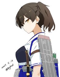 1girl absurdres artist_name bigkwl brown_hair closed_mouth commentary_request dated from_side highres japanese_clothes kaga_(kancolle) kantai_collection katana looking_at_viewer muneate short_sidetail side_ponytail sideways_glance simple_background solo sword tasuki upper_body weapon white_background yellow_eyes