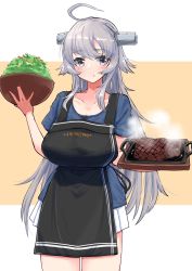 1girl ahoge apron black_apron blue_shirt blush bowl breasts clothes_writing collarbone cowboy_shot food grey_eyes hair_between_eyes headgear highres holding holding_bowl kantai_collection komb large_breasts long_hair parted_lips pleated_skirt shirt short_sleeves silver_hair skirt solo steak washington_(kancolle) white_skirt