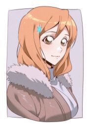 Rule 34 | 1girl, absurdres, bleach, border, brown coat, brown eyes, closed mouth, coat, commentary request, fur-trimmed coat, fur trim, grey background, grey sweater, hair ornament, hairclip, highres, inoue orihime, korean commentary, light blush, light smile, long hair, looking at viewer, n (nauki 11), orange hair, outside border, solo, sweater, three quarter view, turtleneck, turtleneck sweater, upper body, white border, winter clothes, winter coat