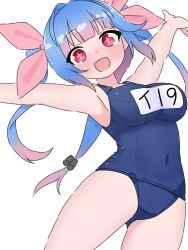 1girl blue_hair blue_one-piece_swimsuit breasts commentary covered_navel fang gluteal_fold gradient_hair highres i-19_(kancolle) kantai_collection large_breasts long_hair matu_(matu19) multicolored_hair name_tag old_school_swimsuit one-piece_swimsuit outstretched_arms red_eyes school_swimsuit simple_background skin_fang smile solo star-shaped_pupils star_(symbol) swimsuit symbol-shaped_pupils tri_tails twintails white_background