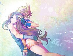 1boy 1girl baggy_pants bare_legs bare_shoulders black_hair blonde_hair brown_hair closed_eyes cloud_strife commentary_request couple dissidia_012_final_fantasy dissidia_final_fantasy earrings elbow_gloves feet_out_of_frame final_fantasy final_fantasy_vii fingerless_gloves gloves hand_on_another&#039;s_ass hand_on_another&#039;s_head hug jewelry long_hair low-tied_long_hair miniskirt mrg2by official_alternate_color open_mouth pants red_gloves red_skirt short_hair single_earring skirt spiked_hair tank_top tifa_lockhart very_long_hair white_tank_top