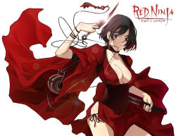 1girl absurdres breasts choker cleavage copyright_name highres japanese_clothes jaypao kimono knife kodachi kunai kurenai_(red_ninja:_end_of_honor) large_breasts looking_at_viewer mouth_hold ninja no_bra obi open_clothes panties red_ninja:_end_of_honor reverse_grip sash short_hair short_kimono short_sword side-tie_panties simple_background sword underwear weapon white_background