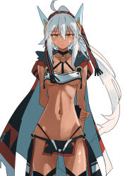 1girl absurdres ahoge arms_behind_back azur_lane black_gloves black_panties black_skirt blue_cape breast_curtain breasts cape closed_mouth commentary cowboy_shot dark-skinned_female dark_skin expressionless fingerless_gloves fur-trimmed_cape fur_trim gloves hair_between_eyes high_ponytail highleg highleg_panties highres kakaricho_dairi loincloth long_bangs long_hair looking_at_viewer medium_breasts midriff minneapolis_(azur_lane) multicolored_cape navel o-ring o-ring_bottom orange_eyes panties ponytail red_cape revealing_clothes showgirl_skirt simple_background skirt solo underboob underwear very_long_hair white_background white_hair