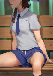 Rule 34 | 1girl, absurdres, beeeeen, black socks, blurry, braid, breast pocket, brown hair, chromatic aberration, collared shirt, commentary request, condom, condom wrapper, depth of field, discreet vibrator, facing to the side, hair over shoulder, hat, head out of frame, highres, juliana (pokemon), kneehighs, korean commentary, mixed-language commentary, necktie, nintendo, object in pocket, on bench, open mouth, outdoors, panties, pantyshot, pocket, pokemon, pokemon sv, public indecency, public vibrator, purple necktie, purple shorts, school uniform, sex toy, shirt, short shorts, short sleeves, shorts, single braid, sitting, smile, socks, solo, spread legs, steam, underwear, upshorts, uva academy school uniform, vibrator, vibrator cord, vibrator under clothes, vibrator under panties, white panties