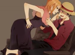 1boy 1girl black_eyes black_hair blush couple feather_boa hat karuha lowres monkey_d._luffy nami_(one_piece) one_piece orange_hair pirate short_hair smile tattoo