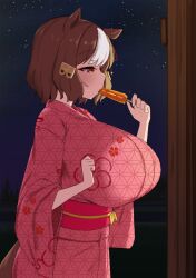 1girl absurdres alternate_breast_size alternate_costume animal_ears belno_light_(umamusume) bow breasts brown_hair ear_ornament ear_ribbon eating food hair_ornament highres holding holding_food horse_ears horse_girl horse_tail huge_breasts japanese_clothes kimono letter_hair_ornament night night_sky noe_(ppppriver) pink_kimono print_kimono short_hair sky solo tail umamusume umamusume:_cinderella_gray yukata