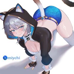 1girl all_fours animal_ear_fluff animal_ears ass black_hoodie blue_eyes blue_shorts blush breasts cat_ears cat_girl cat_tail cipher_(honkai:_star_rail) cleavage commentary english_commentary fingerless_gloves gloves grey_hair highres honkai:_star_rail honkai_(series) hood hood_up hoodie long_sleeves miychi nail_polish short_hair short_shorts shorts simple_background smile solo tail thighhighs white_background white_thighhighs yellow_nails