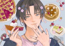 Rule 34 | 1boy, absurdres, black hair, blue eyes, blush stickers, cheesecake, cherry, cherry pie, ear chain, ear piercing, earrings, flower, food, fork, freckles, fruit, hand on own face, highres, holding, holding food, jewelry, linked piercing, male focus, necklace, original, pancake, pancake stack, pie, piercing, retro artstyle, ring, solo, sparkle, spoon, star (symbol), sweets, whipped cream, yksm ktn