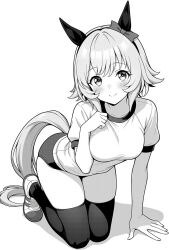 1girl akagi_koku all_fours animal_ears bow breasts buruma curren_chan_(umamusume) ear_bow ear_covers flipped_hair greyscale gym_shirt gym_uniform highres horse_ears horse_girl horse_tail looking_at_viewer medium_breasts monochrome shirt smile solo t-shirt tail thighhighs umamusume