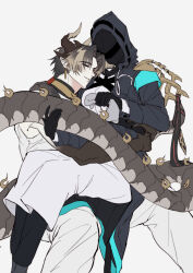 1boy 1girl absurdres arknights black_coat black_gloves black_hair black_pants brown_hair brown_horns chinese_clothes chongyue_(arknights) closed_eyes coat doctor_(arknights) dragon_horns dragon_tail earrings feet_out_of_frame female_doctor_(arknights) gloves gradient_hair hands_up hetero highres holding hood hood_up hooded_coat horns hug invisible_chair jewelry leaning_on_person long_hair long_tail low_ponytail mask multicolored_hair open_clothes open_coat pants parted_lips pointy_ears ponytail simple_background sitting sitting_on_lap sitting_on_person sleeveless streaked_hair tail walhee221 white_background wiping