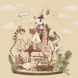 1girl adjusting_eyewear animal animal_hat bird blush book bow bowtie broken_glass brown_hair brown_shirt bug butterfly butterfly_on_head cardigan chair duck egg fly_agaric frilled_legwear frills frog from_side glass glasses hat holding holding_book in_container insect jar key knee_up ladybug lizard lock long_hair long_sleeves looking_at_viewer low_twintails mushroom nest original plant polka_dot rabbit_hat sepia shindog shirt shorts simple_background sitting sleeves_past_wrists socks striped suitcase twintails