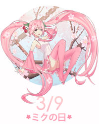 1girl :d bib_(bibboss39) blush boots branch breasts cherry_blossoms cherry_hair_ornament collared_shirt commentary detached_sleeves dress_shirt floating_hair flower food-themed_hair_ornament full_body hair_between_eyes hair_ornament hatsune_miku highres long_hair long_sleeves miku_day necktie open_mouth pink_boots pink_flower pink_hair pink_necktie pink_skirt pink_sleeves pleated_skirt red_eyes sakura_miku shirt skirt sleeveless sleeveless_shirt small_breasts smile solo thigh_boots tie_clip twintails very_long_hair vocaloid white_flower white_shirt wide_sleeves