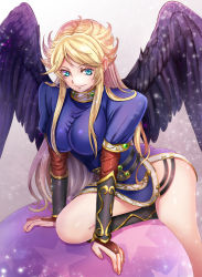 1girl bird_wings black_wings blonde_hair blue_eyes blush bracer breasts breath_of_fire breath_of_fire_ii bridal_gauntlets commentary_request dress elbow_gloves feathered_wings female_focus gloves highres kiwakiwa large_breasts leaning_forward long_hair nina_(breath_of_fire_ii) parted_bangs purple_dress short_sleeves side_slit sidelocks smile solo very_long_hair wings