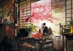 2boys anthonykaen architecture bamboo_screen black_hair black_kimono blurry board_game book bowl bracelet cabinet cherry_blossoms cushion day depth_of_field east_asian_architecture flip-flops floral_print folding_screen getou_suguru go_(board_game) gojou_satoru hair_bun hand_on_another&#039;s_shoulder hand_up highres holding holding_smoking_pipe japanese_clothes jewelry jujutsu_kaisen kimono knee_up lantern male_focus messy_room motion_blur multiple_boys no_shoes on_floor open_book outstretched_arm petals porch railing sandals shoes unworn_shoes short_hair single_hair_bun sliding_doors smoking_pipe tabi table tile_floor tiles tree updo vase veranda wave_print white_hair white_kimono wind wooden_table yaoi zabuton