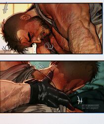 2boys bara black_gloves black_hair blush call_of_duty call_of_duty:_modern_warfare_2 closed_eyes facial_hair ghost_(modern_warfare_2) gloves grey_tank_top highres jewelry large_pectorals male_focus multiple_boys muscular muscular_male necklace open_mouth pectorals short_hair tank_top twitter_username umikochannart yaoi