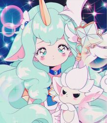 1990s_(style) 1girl animal_ears aqua_eyes aqua_hair bad_id bad_twitter_id blue_background blue_bow blue_bowtie blue_choker bow bowtie bright_pupils bubble character_request choker closed_mouth commentary dot_nose earrings english_commentary expressionless eyelashes eyeshadow faux_retro_artstyle gloves heart heart_earrings holding holding_staff honeymoonpetal horns jewelry league_of_legends leotard light_blush light_frown long_hair magical_girl makeup pink_eyeshadow retro_artstyle solo soraka_(league_of_legends) sparkle sparkling_eyes staff star-shaped_pupils star_(symbol) star_guardian_(league_of_legends) star_guardian_soraka stud_earrings symbol-shaped_pupils tareme unicorn_horn upper_body very_long_hair wavy_hair white_gloves white_leotard white_pupils winged_wand yellow_horns
