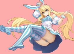 Rule 34 | 1girl, :o, absurdres, animal ears, artoria caster (fate), artoria caster (swimsuit berserker) (fate), artoria caster (swimsuit berserker) (second ascension) (fate), artoria pendragon (fate), ass, bare shoulders, blonde hair, blue skirt, breasts, fate/grand order, fate (series), green eyes, highres, leggings, long hair, looking at viewer, medium breasts, nezo, panties, rabbit ears, skirt, solo, twintails, underwear, wrist cuffs