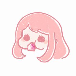 1girl animated animated_gif black_eyes blunt_bangs blush_stickers chewing diamond_(gemstone) eating eyelashes gem head_only long_hair looping_animation mouth_hold nikki_(nikki) nikki_(series) pink_gemstone pink_hair shining_nikki simple_background solid_circle_eyes solo white_background xiaoyu_qixing