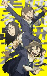 Rule 34 | 3girls, asakusa midori, asymmetrical bangs, black hair, boonie hat, brown hair, camouflage hat, commentary, eizouken ni wa te wo dasu na!, eyewear on head, freckles, highres, holding, holding marker, holding sketchbook, kanamori sayaka, long hair, marker, mizusaki tsubame, multiple girls, open mouth, school uniform, shibahama high school uniform, short hair, sketchbook, symbol-only commentary, yarawi, yellow background