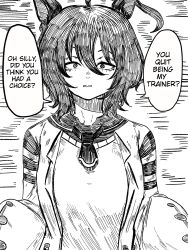 1girl agnes_tachyon_(umamusume) ahoge animal_ears constricted_pupils english_text greyscale hair_between_eyes highres horse_ears horse_girl lab_coat looking_at_viewer medium_hair monochrome necktie short_necktie sleeves_past_fingers sleeves_past_wrists solo speech_bubble straight-on sweater twovust umamusume upper_body very_long_sleeves yandere