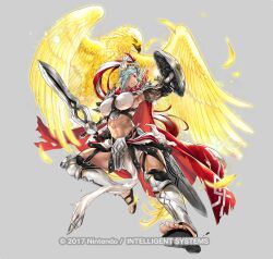 1girl abs arm_shield bilingual_commentary bird black_gloves breasts clenched_teeth company_name dagr_(fire_emblem) dagr_(sunny_bloom)_(fire_emblem) damaged emblem feather_trim fire_emblem fire_emblem_heroes full_body gladiator_sandals gloves glowing glowing_animal grey_background grey_hair holding holding_sword holding_weapon lips medium_breasts mixed-language_commentary muscular muscular_female navel nintendo official_alternate_costume official_art pelvic_curtain sandals sheath shield short_hair solo sword teeth torn_clothes v-shaped_eyebrows weapon yamada_koutarou