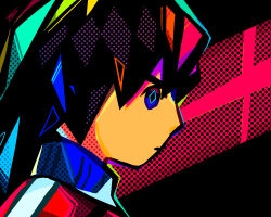1boy black_hair blue_eyes closed_mouth colorful commentary halftone highres jacket looking_at_viewer male_focus mii_(nintendo) mii_brawler mii_brawler_(smash_ultimate) multicolored_eyes multicolored_hair nintendo nyo02921978 portrait signature solo super_smash_bros. upper_body