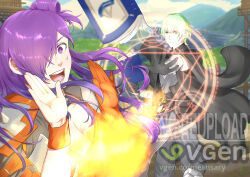 book breasts casting_spell female_shez_(fire_emblem) fire_emblem fire_emblem:_three_houses fire_emblem_warriors:_three_hopes fireball gloves green_eyes green_hair highres male_byleth_(enlightened)_(fire_emblem) male_byleth_(fire_emblem) meansary nintendo purple_eyes purple_hair sigil