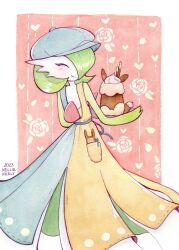 artist_name bob_cut closed_eyes clothed_pokemon dated dress floral_background gardevoir gardevoir_(cafe) gen_3_pokemon green_hair hair_over_one_eye highres holding holding_tray kellienicely nintendo pink_background pokemon pokemon_(creature) pokemon_unite smile tray two-tone_dress