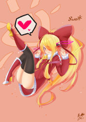 Rule 34 | 1girl, ass, black thighhighs, blonde hair, bow, brown eyes, commentary request, full body, hair between eyes, hair bow, heart, highres, jacket, long hair, original, ponytail, red background, red bow, red jacket, red shoes, shoes, signature, solo, speech bubble, takatun223, thighhighs, zipper pull tab