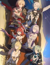 3boys 3girls :o ? aglaea_(honkai:_star_rail) anaxa_(honkai:_star_rail) ancient_greek_clothes angel_wings antenna_hair arm_tattoo armored_gloves black_gloves black_pants black_tiara black_vest blonde_hair blue_eyes breast_tattoo breasts castorice_(honkai:_star_rail) chest_tattoo cleavage cross-shaped_pupils crossed_arms dress elbow_gloves eyepatch gloves gold_gloves greco-roman_clothes green_hair head_wreath highres honkai:_star_rail honkai_(series) jacket large_breasts laurel_crown long_hair multiple_boys multiple_girls mydei_(honkai:_star_rail) pants phainon_(honkai:_star_rail) pointy_ears purin_234 purple_gloves purple_hair red_hair red_tattoo roller_coaster short_hair sitting smile symbol-shaped_pupils tattoo tiara toned toned_male tribbie_(honkai:_star_rail) vest white_dress white_jacket wings
