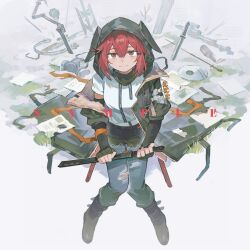 1girl absurdres animal_ear_hood arknights black_boots black_coat black_gloves blue_pants boots closed_mouth coat crownslayer_(arknights) denim dopperu_ben ears_through_headwear elbow_gloves fake_animal_ears fingerless_gloves full_body gas_mask gloves hair_between_eyes hair_ornament hairband highres holding holding_sword holding_weapon hood hooded_coat hyena_ears hyena_girl jeans long_sleeves looking_at_viewer mask mask_around_neck mouth_mask open_clothes open_coat pants red_eyes red_hair shirt short_hair short_sleeves short_sword solo sword torn_clothes torn_jeans torn_pants weapon white_shirt