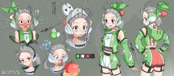 1girl absurdres ahoge angry bare_shoulders blue_eyes bow concept_art detached_sleeves drooling eriott fingerless_gloves food fruit gloves grey_hair hair_bow hair_pulled_back harness headset highres holding holding_food holding_fruit hood hood_down hood_up humanization jacket long_sleeves looking_at_viewer mario_(series) nintendo open_mouth personification short_hair shorts smile surprised tongue tongue_out yoshi yoshi_egg