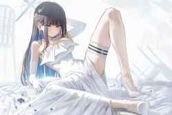 1girl absurdres bare_shoulders black_hair blue_archive blue_eyes blush breasts choker closed_mouth colored_inner_hair dress elbow_gloves gloves hidulume high_heels highres large_breasts looking_at_viewer multicolored_hair official_alternate_costume on_floor saori_(blue_archive) saori_(dress)_(blue_archive) shoes solo thigh_strap white_choker white_dress white_gloves white_shoes