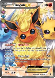 :3 animal_focus artist_name blue_eyes character_name closed_mouth copyright_name copyright_notice creatures_(company) flareon game_freak gen_1_pokemon head_tilt jolteon kirisaki_(gin16k) lens_flare looking_at_viewer nintendo no_humans official_art pokemon pokemon_(creature) pokemon_card pokemon_focus pokemon_tcg purple_eyes smile third-party_source trading_card vaporeon