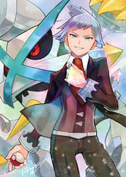 1boy alternate_color ascot blue_eyes blue_hair brown_pants collared_shirt commentary_request gen_3_pokemon grin hand_up highres holding holding_poke_ball jacket kikuyoshi_(tracco) long_sleeves looking_at_viewer male_focus mega_metagross mega_pokemon metagross necktie nintendo open_clothes open_jacket pants poke_ball poke_ball_(basic) pokemon pokemon_(creature) pokemon_oras red_ascot shiny_pokemon shirt signature smile steven_stone teeth vest white_shirt