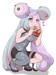 Rule 34 | 1girl, aqua hair, black shorts, blush, bow-shaped hair, breasts, burger, closed mouth, creatures (company), double bun, eating, fake hair bun, food, game freak, grey footwear, grey pantyhose, grey shirt, hair bun, holding, holding burger, holding food, iono (pokemon), long hair, mizuiro123, multicolored hair, nintendo, pantyhose, pink eyes, pink hair, pokemon, pokemon sv, shirt, shorts, simple background, single leg pantyhose, solo, squatting, thighs, two-tone hair, very long hair, white background