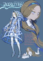1girl akaneko_(redakanekocat) blonde_hair blue_background blue_eyes blue_hairband blue_ribbon bodysuit character_name commentary cropped_head dated dorothy_gale dress english_commentary expressionless full_body hair_ribbon hairband high_heels highres hood hood_up juliet_sleeves long_hair long_sleeves low_twintails puffy_sleeves revealing_clothes ribbon romaji_text signature sleeves_past_wrists solo source_quote the_wizard_of_oz thick_eyelashes twintails very_long_hair white_bodysuit white_dress white_footwear