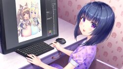 1girl :d animal_ear_fluff animal_ears blue_bow blue_eyes blue_hair blue_shoes blush bow cat_ears cat_girl cat_tail chibi chocola_(nekopara) computer_keyboard computer_mouse desk drawer drawing_(action) game_cg heart highres holding holding_stylus logo looking_at_viewer medium_hair minazuki_shigure monitor nekopara non-web_source official_art open_mouth orange_eyes pajamas pillow pink_bow purple_eyes purple_pajamas red_shoes sayori_(neko_works) shoes short_hair sitting smile stylus tail vanilla_(nekopara)