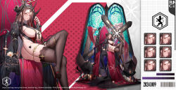 Rule 34 | 1girl, black horns, black shoes, breasts, brown hair, brown thighhighs, commentary request, cross, dated, flower, full body, gold, hair between eyes, high heels, highres, horns, juliet sleeves, lace, lace-trimmed thighhighs, lace trim, large breasts, long hair, long hair between eyes, long sleeves, multiple expressions, multiple views, original, pelvic curtain, puffy sleeves, revealing clothes, rong767361929, shoes, sitting, sitting on throne, skindentation, thighhighs, unworn shoe, very long hair, white flower
