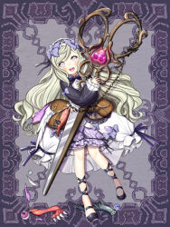 1girl :d belt_pouch black_shoes black_sleeves blonde_hair bloomers bow bowtie dress dress_bow dress_ribbon eyeball feathers frilled_dress frilled_sleeves frills hair_bow hairband high-low_dress holding holding_scissors hugging_object kerberos_blade leg_ribbon lolita_hairband long_hair long_sleeves looking_at_viewer mary_janes medium_dress open_mouth oversized_object pouch puffy_long_sleeves puffy_sleeves purple_background purple_bloomers purple_bow purple_bowtie purple_eyes purple_ribbon ribbon scissors severed_limb severed_tail severed_wings shichimi shoes shrug_(clothing) smile solo standing standing_on_one_leg swept_bangs teeth underwear upper_teeth_only very_long_hair wavy_hair white_dress white_feathers