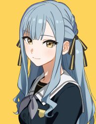 1girl absurdres add_leir bang_dream! bang_dream!_it&#039;s_mygo!!!!! black_ribbon blue_hair blue_shirt blush chinese_commentary closed_mouth commentary_request grey_neckerchief hair_ribbon highres long_hair neckerchief ribbon school_uniform shirt sidelocks simple_background solo togawa_sakiko tsukinomori_school_uniform two_side_up upper_body yellow_background yellow_eyes