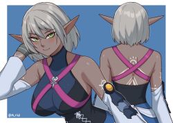 1girl absurdres aqua_(kingdom_hearts) aqua_(kingdom_hearts)_(cosplay) arm_tattoo back_tattoo bare_shoulders blue_background blush border breasts cosplay dark-skinned_female dark_elf dark_skin detached_sleeves elf green_eyes grey_hair highres kingdom_hearts kingdom_hearts_birth_by_sleep large_breasts looking_at_viewer mawaridi original outside_border pointy_ears short_hair simple_background smile solo tattoo twitter_username white_border white_sleeves yvonne_(mawaridi)