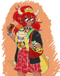 1boy 1girl absurdres alternate_costume bag bib black_jacket bowser_jr. bowser_logo bowsette bracelet coffee collar commentary cowboy_shot cup dark_skin disposable_coffee_cup disposable_cup drinking_straw earrings english_commentary fang fang_out fangs fangs_out green_background hair_tie handbag highres holding holding_cup horns jacket jewelry juice koopa_clown_car long_hair looking_at_viewer mario_(series) mother_and_son new_super_mario_bros._u_deluxe nintendo orange_juice outline patterned_clothing ponytail print_bag red_hair red_skirt scowl short_hair sidelocks skirt smile sparkle spiked_bracelet spiked_collar spiked_shell spiked_tail spikes standing sunglasses super_crown t1g tail two-tone_background watch whipped_cream white_background wide_ponytail wristband wristwatch