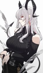 1girl ahoge alternate_costume artist_name bare_shoulders black_horns black_pants black_shirt black_tail bracelet breasts closed_mouth clothing_cutout commentary cowboy_shot curled_horns dated demon_tail earrings grey_hair hair_between_eyes highres horns jewelry key_earrings large_breasts leria_v long_hair long_sleeves looking_at_viewer mole mole_under_eye multicolored_hair pants red_eyes shirt shoulder_cutout solo streaked_hair tail turtleneck turtleneck_shirt wuthering_waves zani_(wuthering_waves)