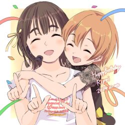 birthday blush border braid brown_hair character_name closed_eyes clothes_writing collarbone confetti dated hands_up happy_birthday headset hoshizora_rin hug hug_from_behind iida_riho index_fingers_raised love_live! love_live!_school_idol_project open_mouth orange_hair real_life sen_(sen0910) shirt short_hair short_sleeves smile streamers upper_body voice_actor voice_actor_connection white_border white_shirt yellow_background