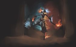 1girl arabian_clothes artist_request bad_id bad_pixiv_id dark-skinned_female dark_skin detached_sleeves fire forehead_jewel glowing glowing_eyes ice midriff nintendo solo the_legend_of_zelda the_legend_of_zelda:_ocarina_of_time twinrova wand