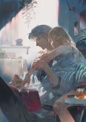 1boy 1girl alcohol belt black_pants black_shorts blonde_hair endofthepage glasses grey_shirt highres hug jewelry long_hair love_and_deepspace necklace nose pants parted_lips plant protagonist_(love_and_deepspace) reading red_eyes shirt short_hair shorts sylus_(love_and_deepspace) teeth white_hair white_shirt yellow_eyes