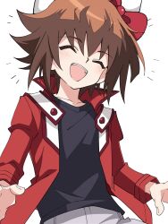 1boy :d ^_^ black_shirt blush bow brown_hair closed_eyes facing_viewer hair_bow highres jacket long_sleeves male_focus niyane open_clothes open_jacket open_mouth red_bow red_jacket shirt short_hair simple_background smile solo upper_body white_background yu-gi-oh! yu-gi-oh!_gx yuki_judai